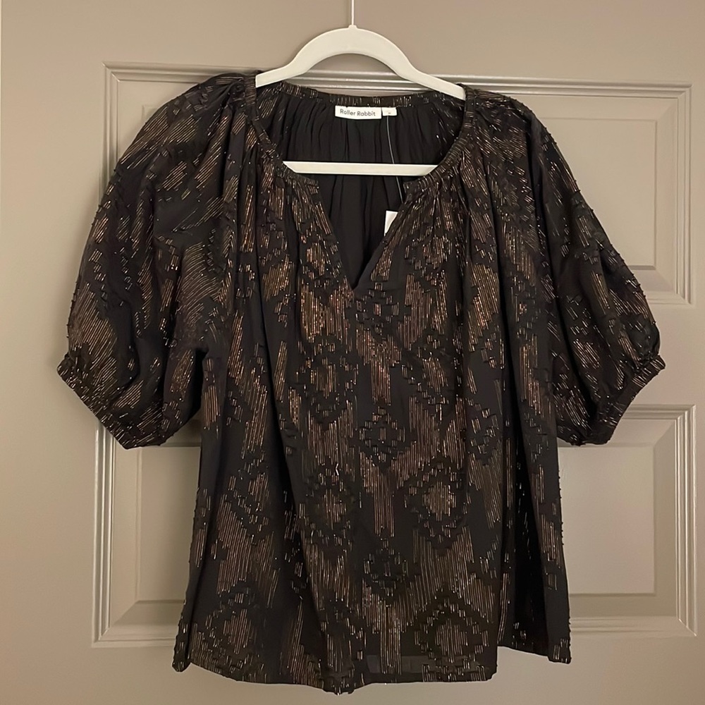 Roller Rabbit Alianne V-Neck Short Puff Sleeve Lurex Pleated Woven Top